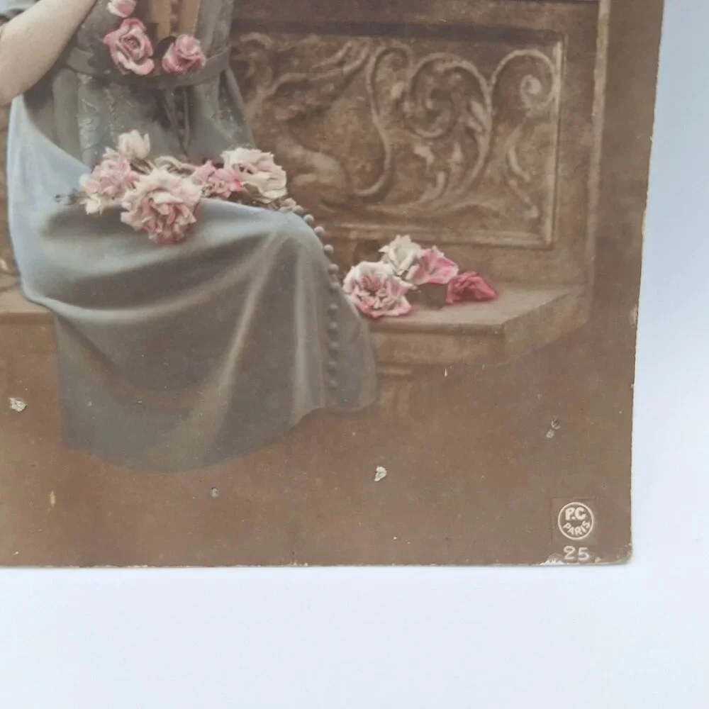 Vintage French Postcard Romantic Couple Floral Accents Handwritten 1919 Paris Ch